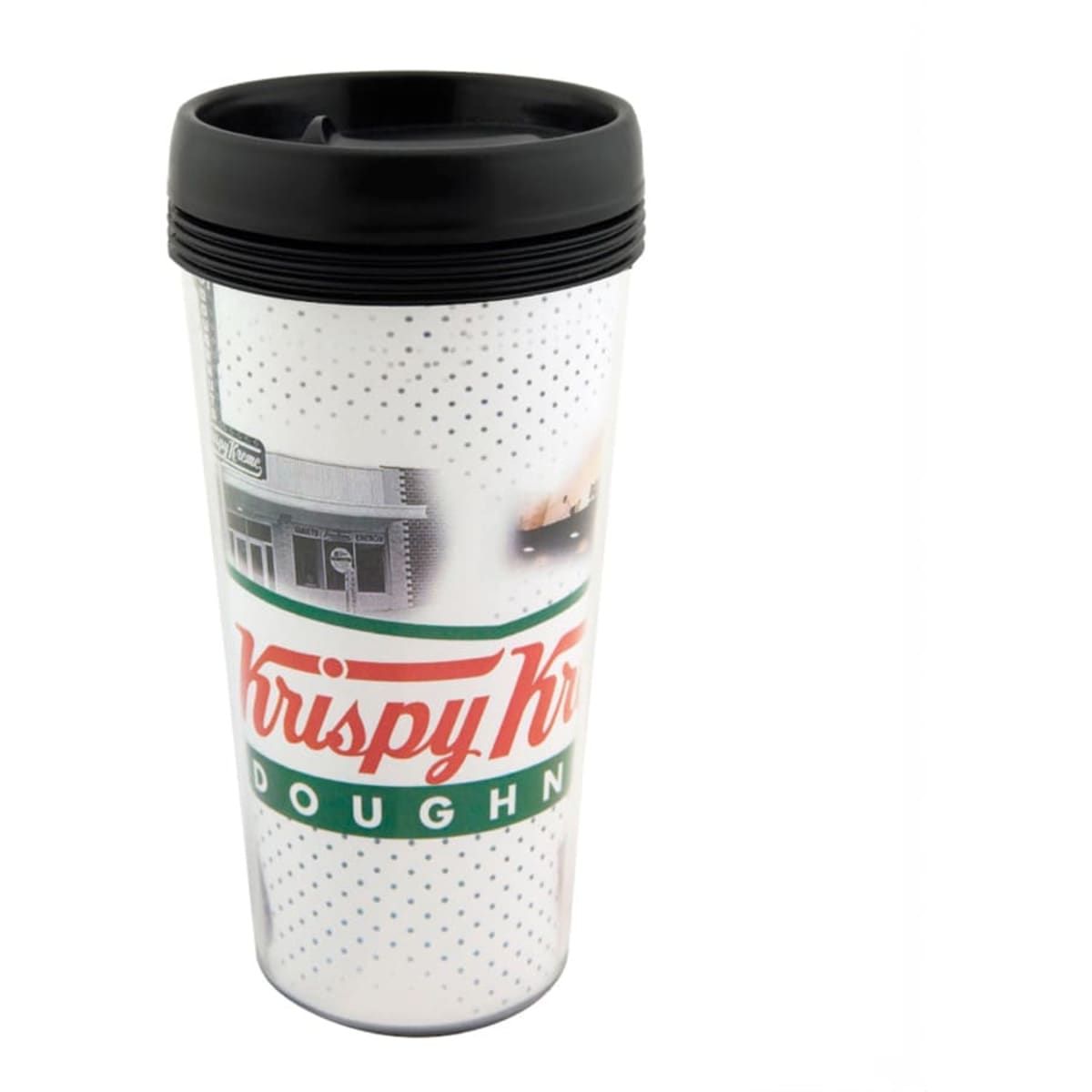 A drink bottle featuring a black lid and a design with various images and a logo, predominantly in white and green.