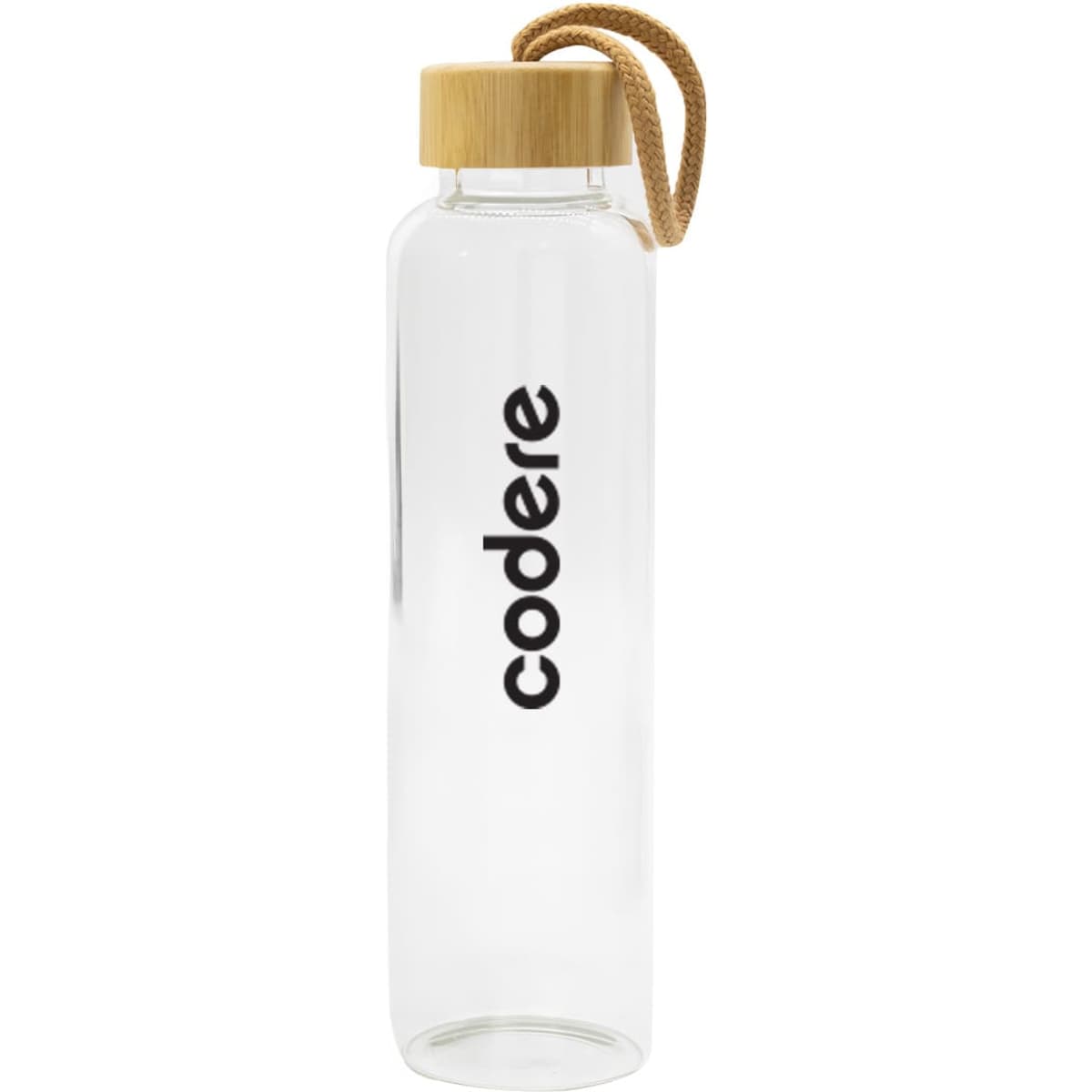 A drink bottle with a clear body, wooden cap, and a rope handle, featuring a logo.