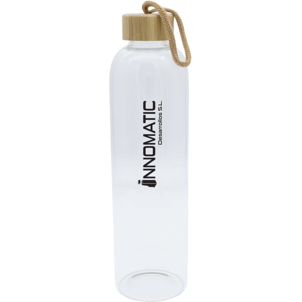 A drink bottle in clear glass with a wooden lid and a rope handle, featuring a logo.