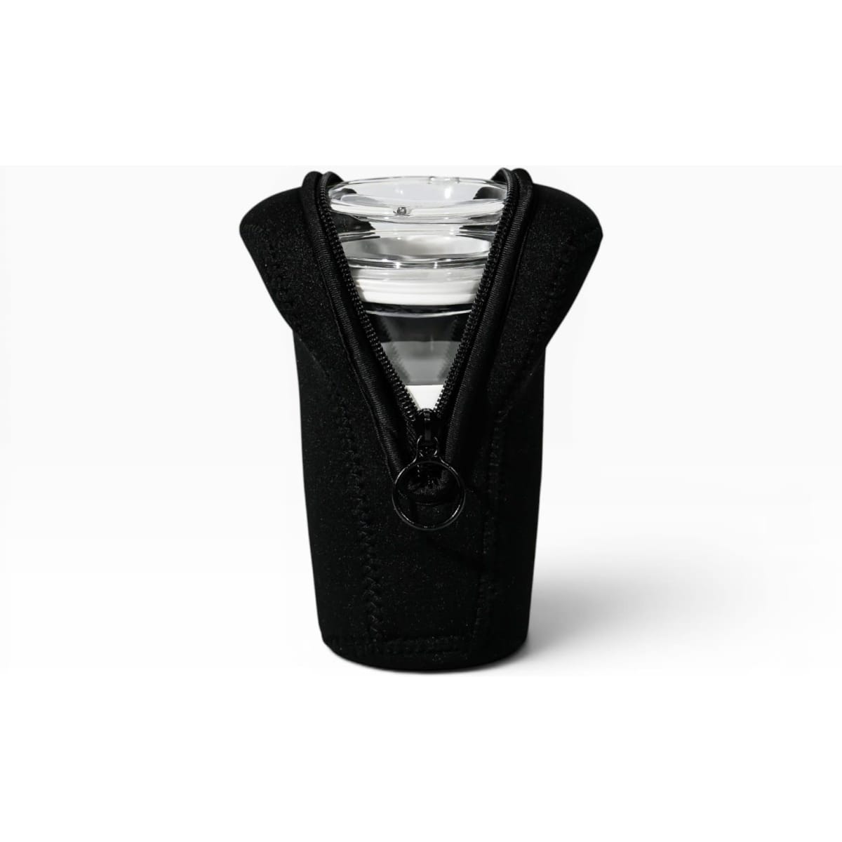 A black pouch with a zip, designed to hold a drink bottle securely. Features a logo on the front.