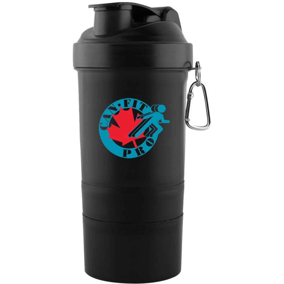 A drink bottle in black featuring a logo and a carabiner clip, designed with a stacked, three-part structure.