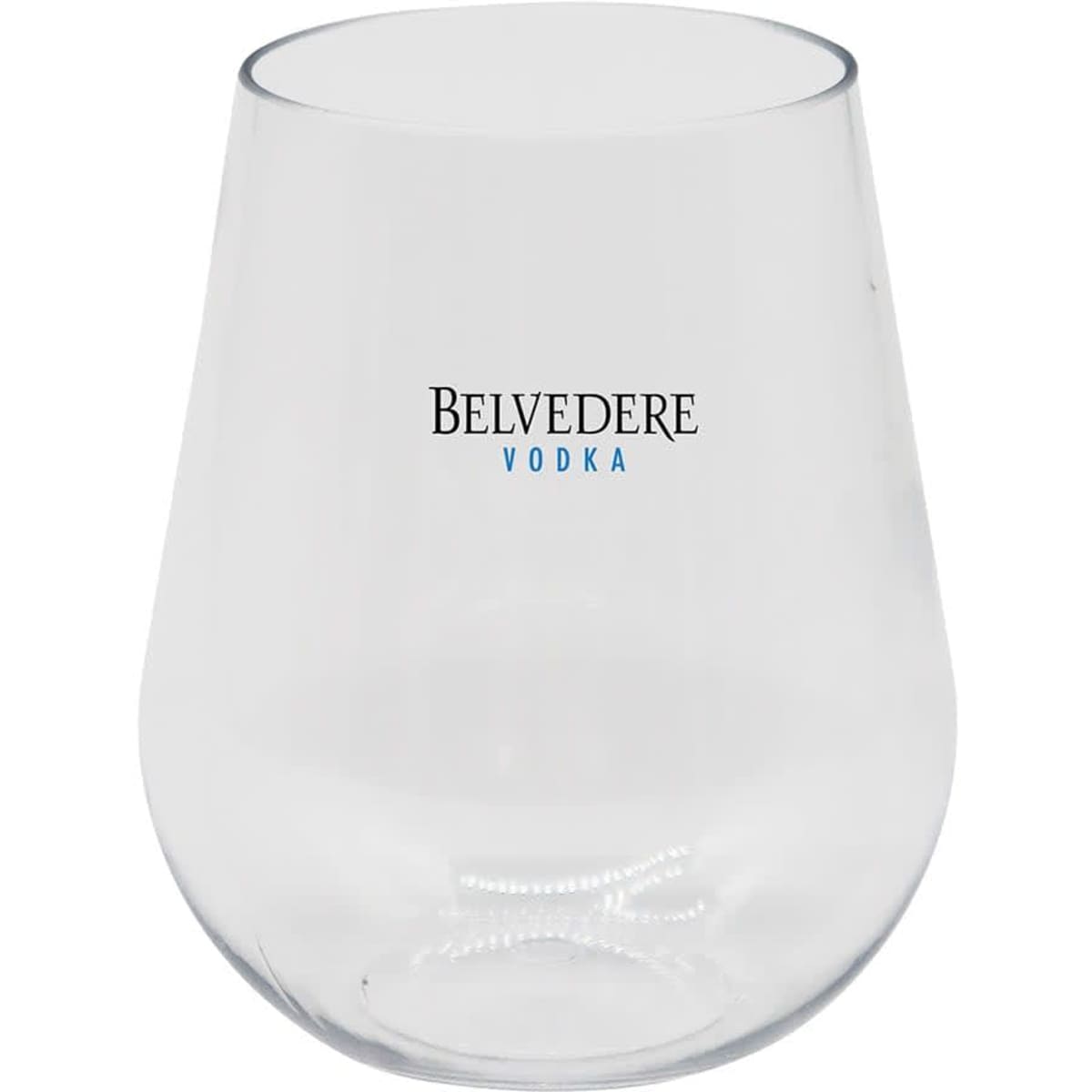 A stemless, shatterproof wine glass in clear plastic, featuring a logo.