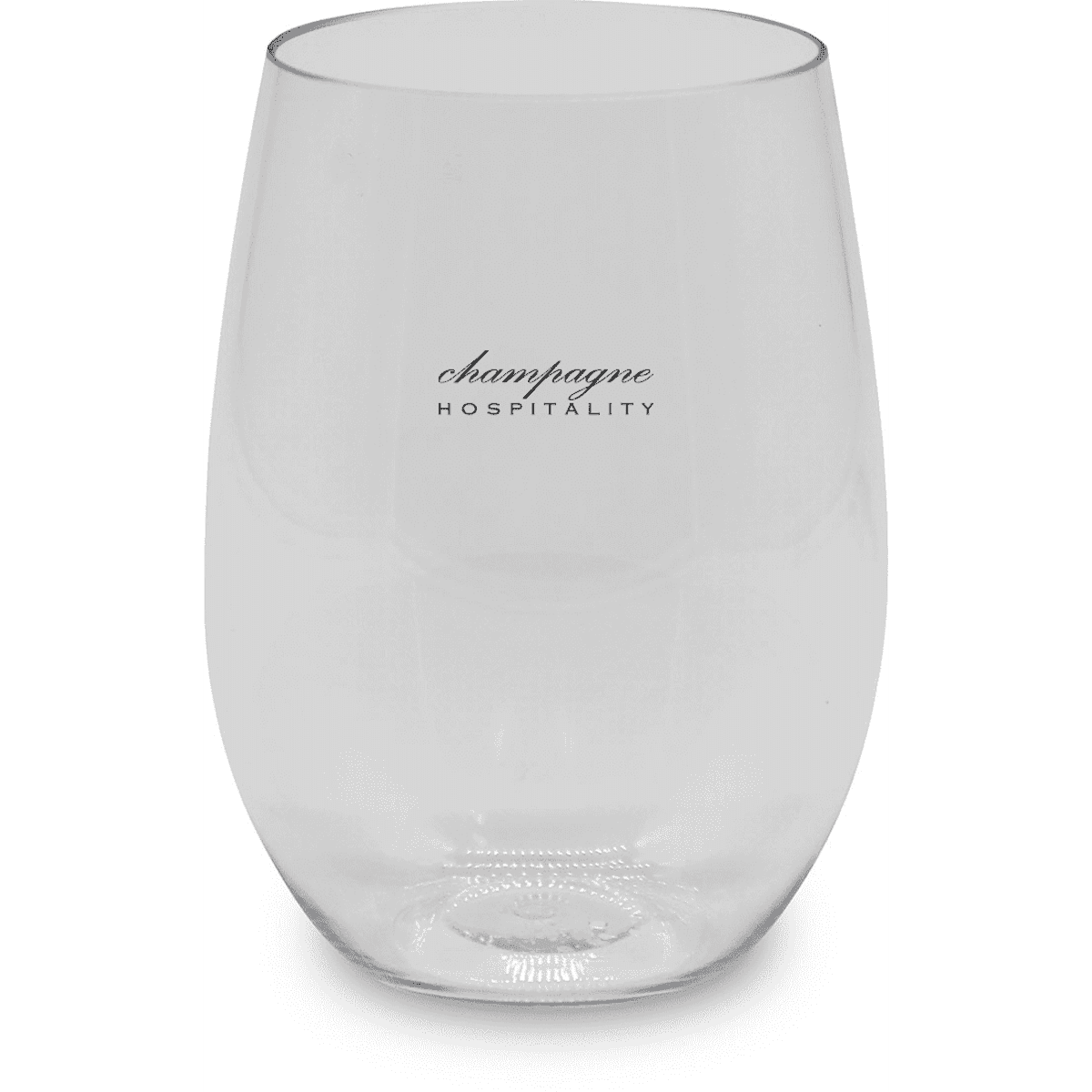A stemless, shatterproof red wine glass in clear plastic with a logo. Suitable for outdoor use.