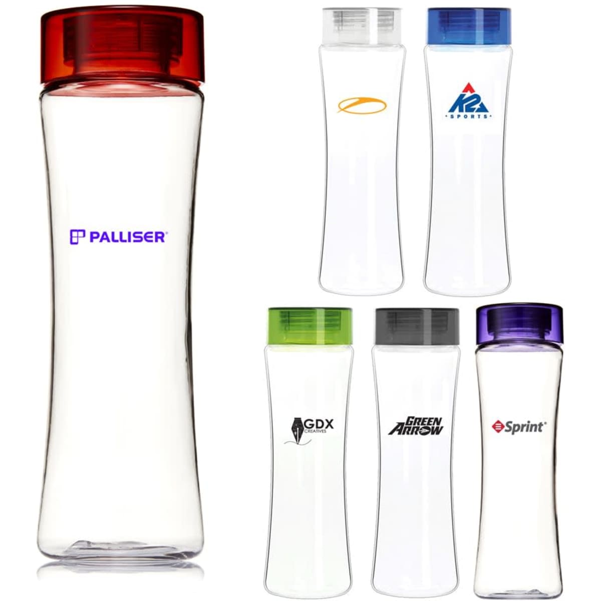 A drink bottle collection featuring various designs and colours, including clear plastic with red, green, blue, and purple lids.
