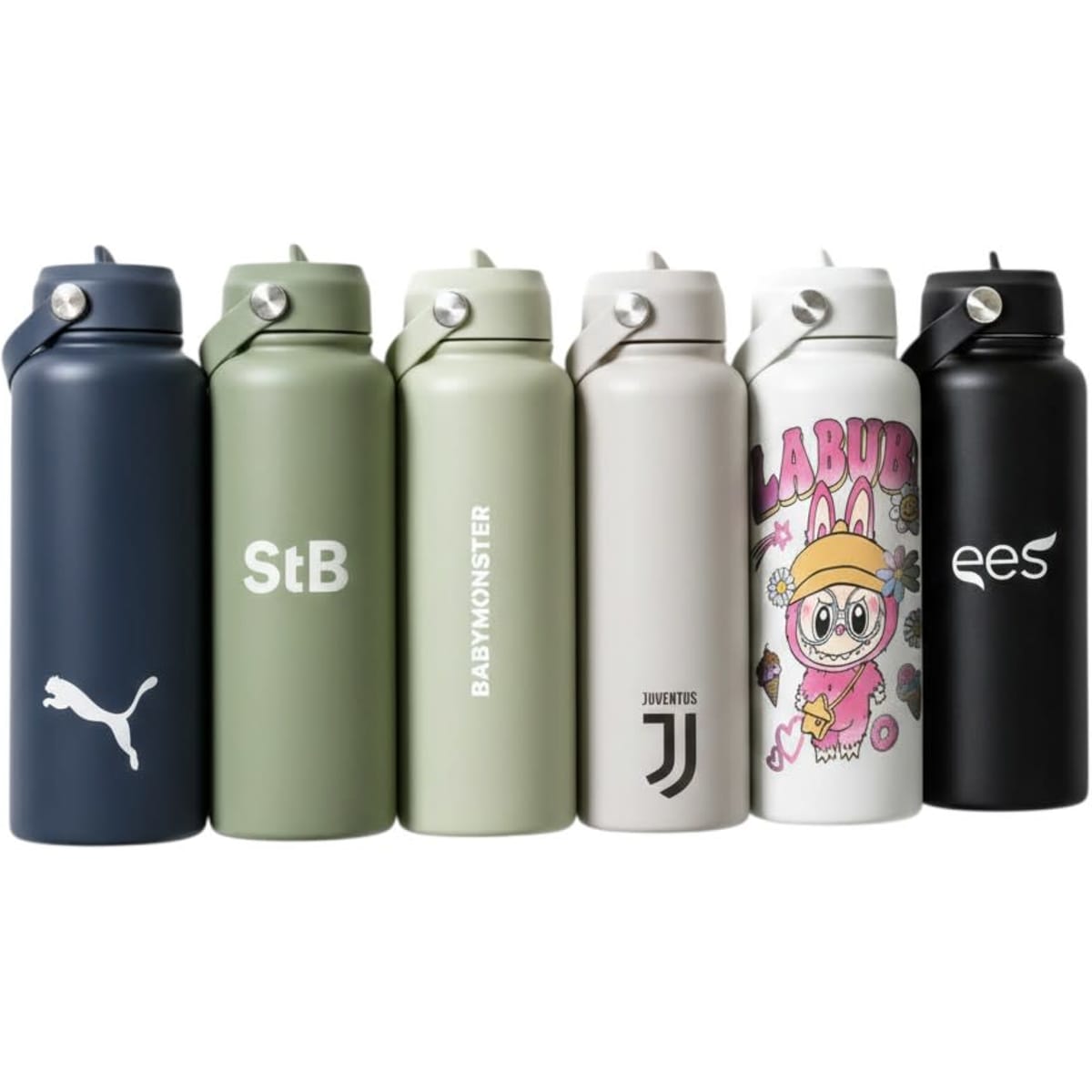 A drink bottle collection featuring navy, olive green, white, and black bottles with various designs and logos.