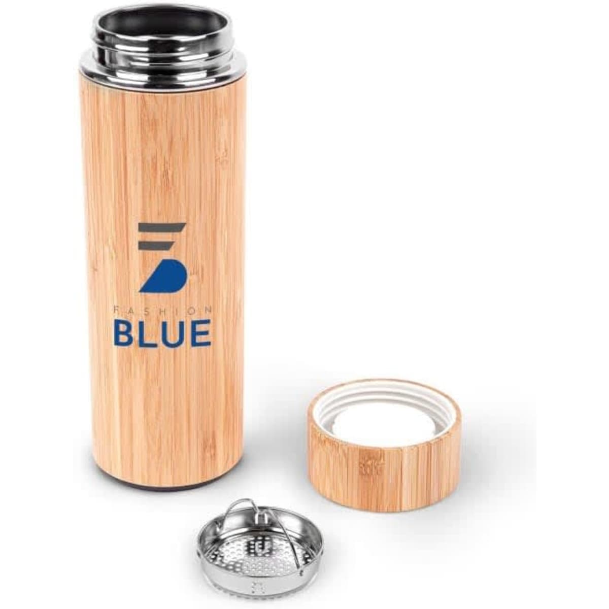 A drink bottle with a bamboo exterior, stainless steel cap, and a logo. Predominantly blue with natural wood tones.