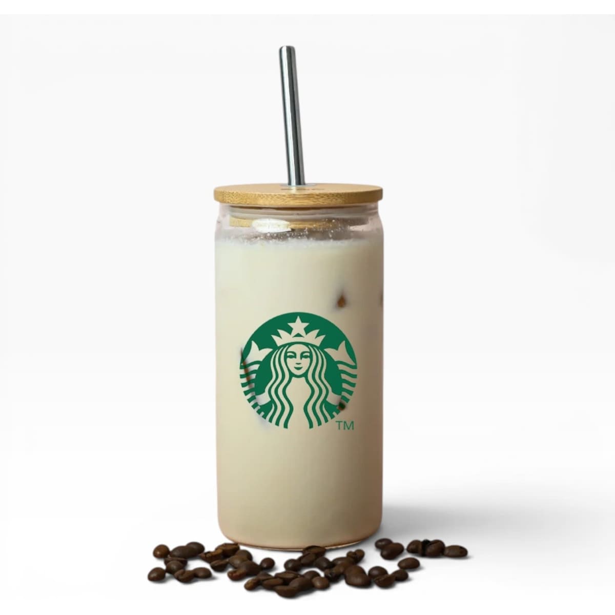 A drink bottle with a bamboo lid and metal straw, featuring a logo and filled with a creamy beverage, placed on coffee beans.