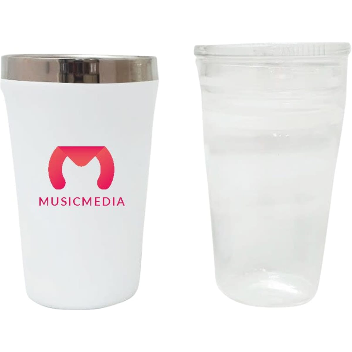 A drink bottle featuring a white exterior with a silver lid and a clear cup beside it, both showcasing simple designs.