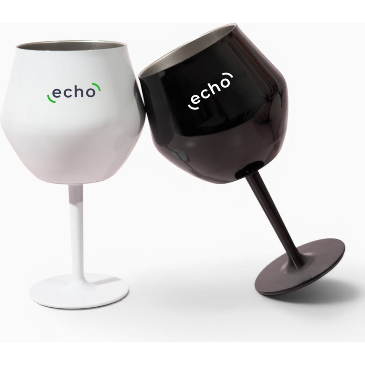 Two wine glasses, one white and one black, featuring a logo, with a detachable stem and bowl design.