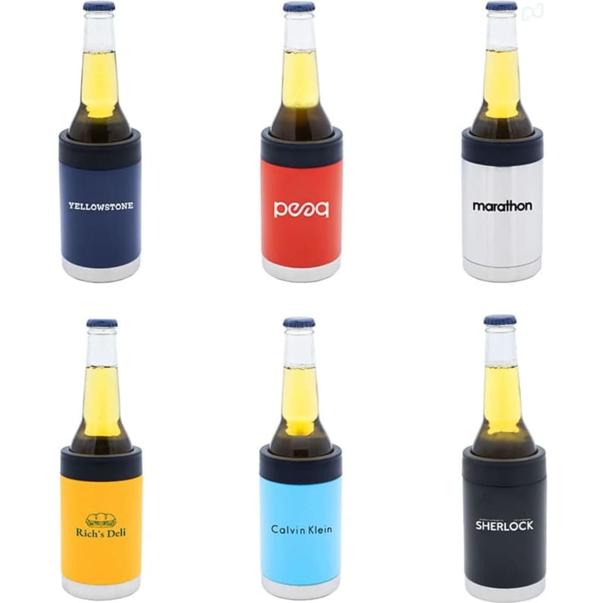 A set of six stubby coolers in navy blue, red, silver, orange, and black, featuring various designs and a logo on each.