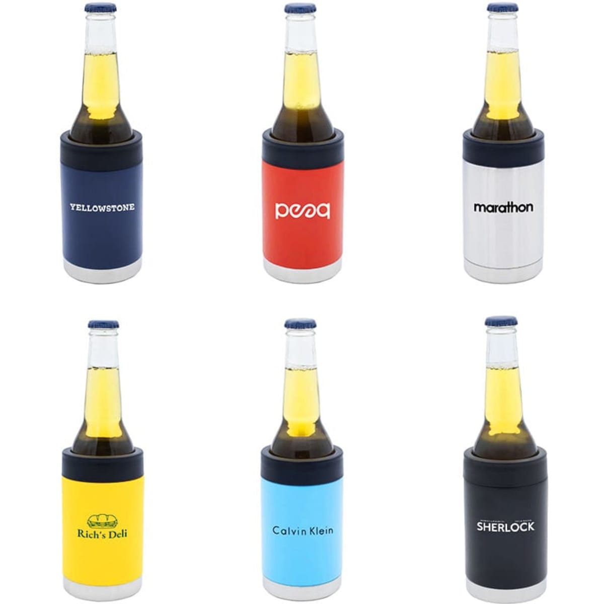 A selection of six stubby coolers in various colours, each holding a drink bottle and featuring logos.