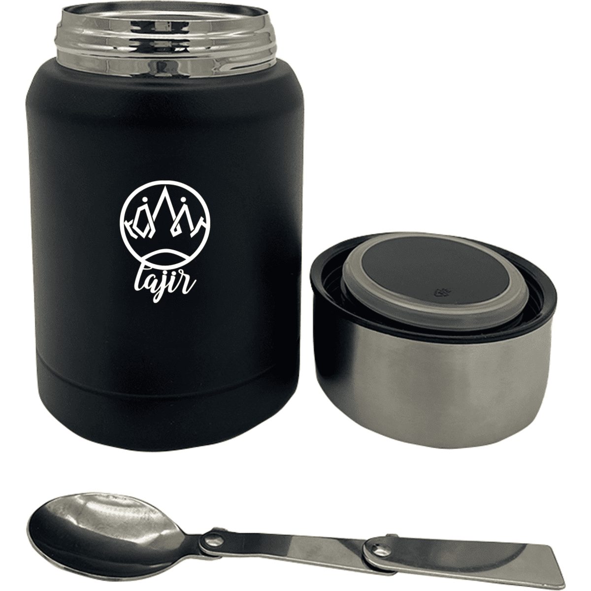 A drink bottle in matte black with a stainless steel inner and a spoon, featuring a logo on its exterior.