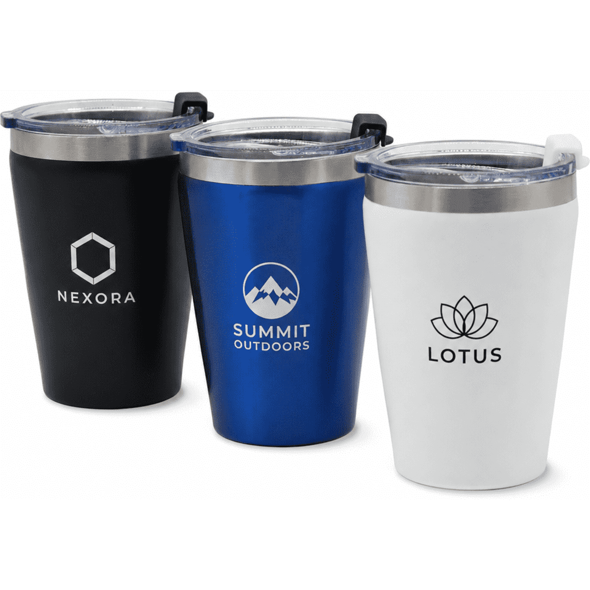 A drink bottle set featuring three tumblers in black, blue, and white with clear lids and logos.