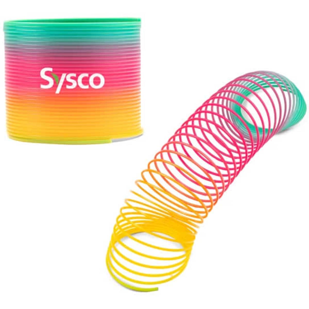 A rainbow-coloured slinky spiral toy with a vibrant gradient from pink to yellow and green. It comes with a branded container.