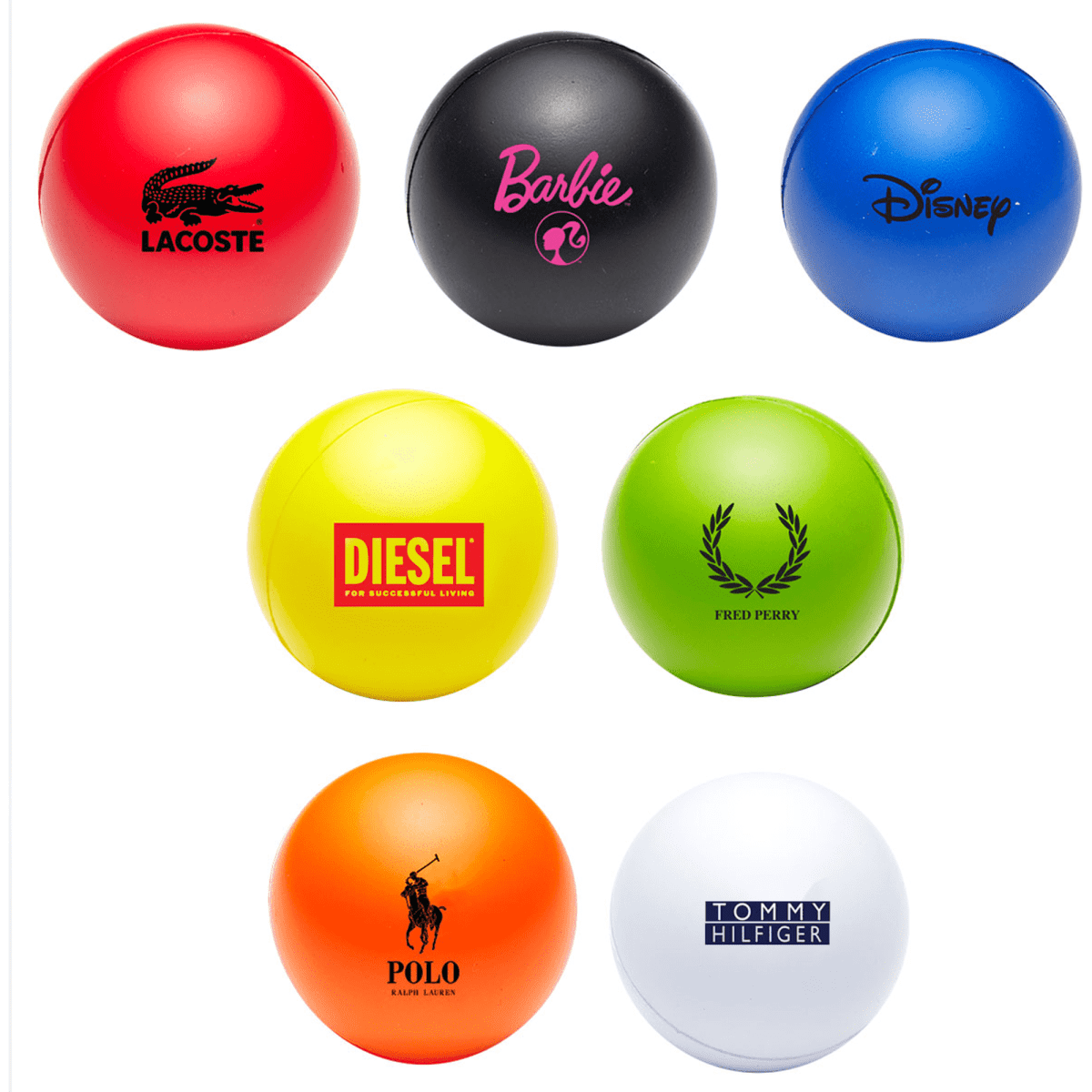 A collection of eight stress balls in various colours: red, black, blue, green, orange, white, and yellow, featuring different logos.