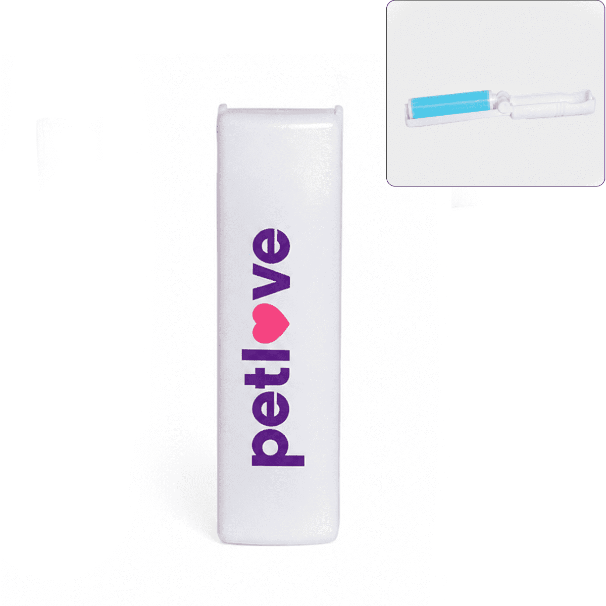 A white lint remover with a blue roller, featuring a branding logo. Ideal for pet hair removal.