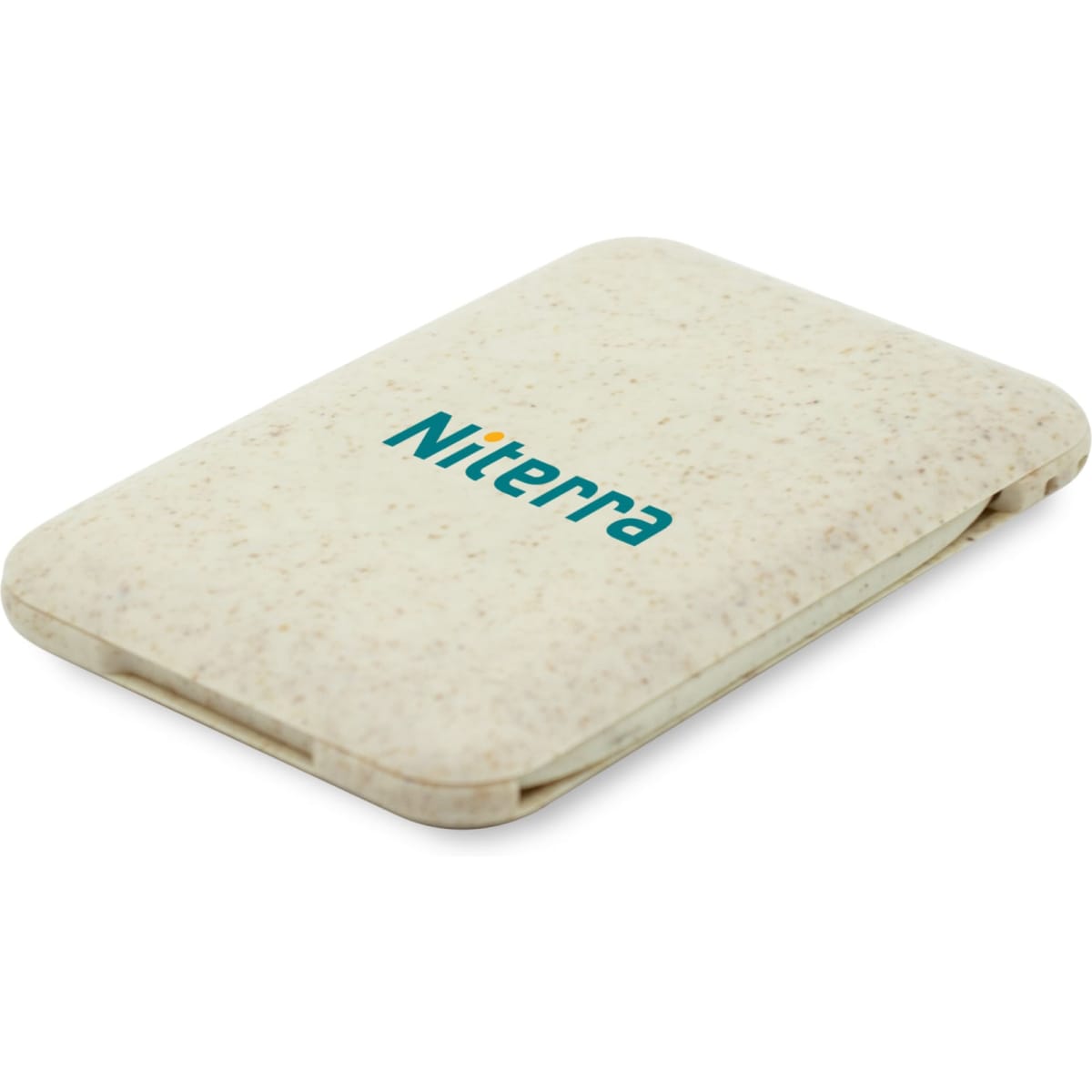 A charging cable set and stand in a cream colour with a logo. Compact and designed for phone charging.