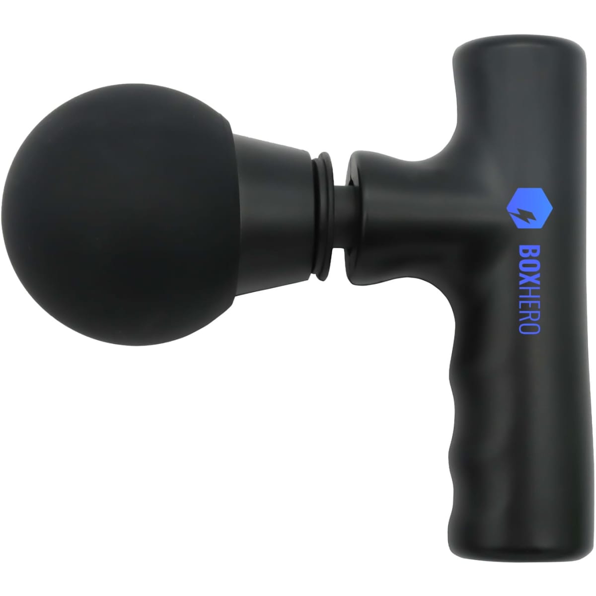 A black massage gun with a round attachment and a textured grip, featuring a logo on the handle.