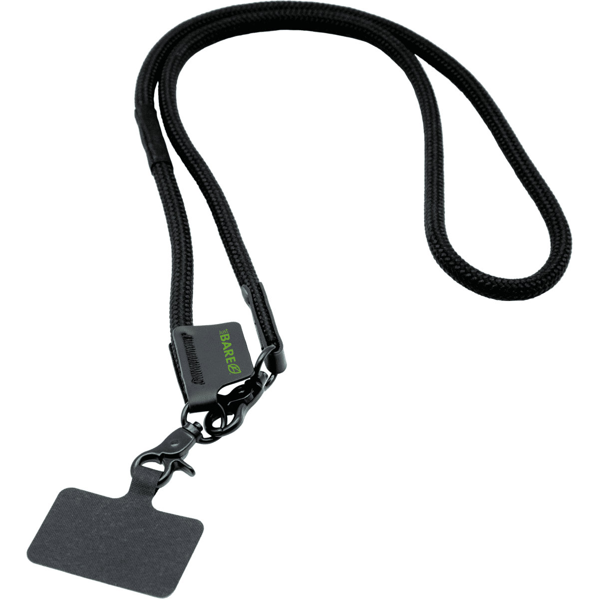 A black phone strap featuring a clip and an attachment for identification or accessories. It has a sleek and modern design.