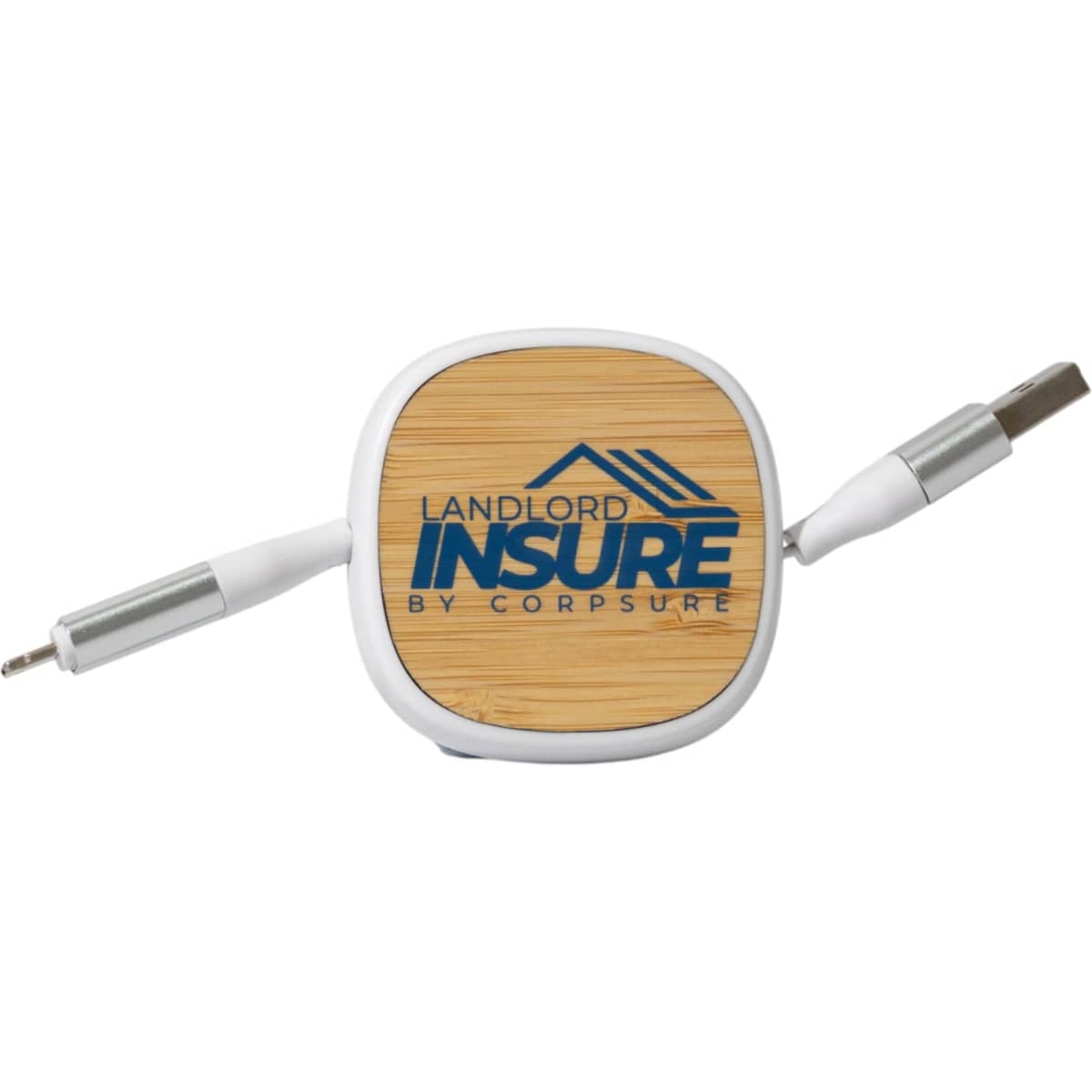 A square charging cable organiser in white and bamboo, featuring a logo on the top and dual connectors on each side.