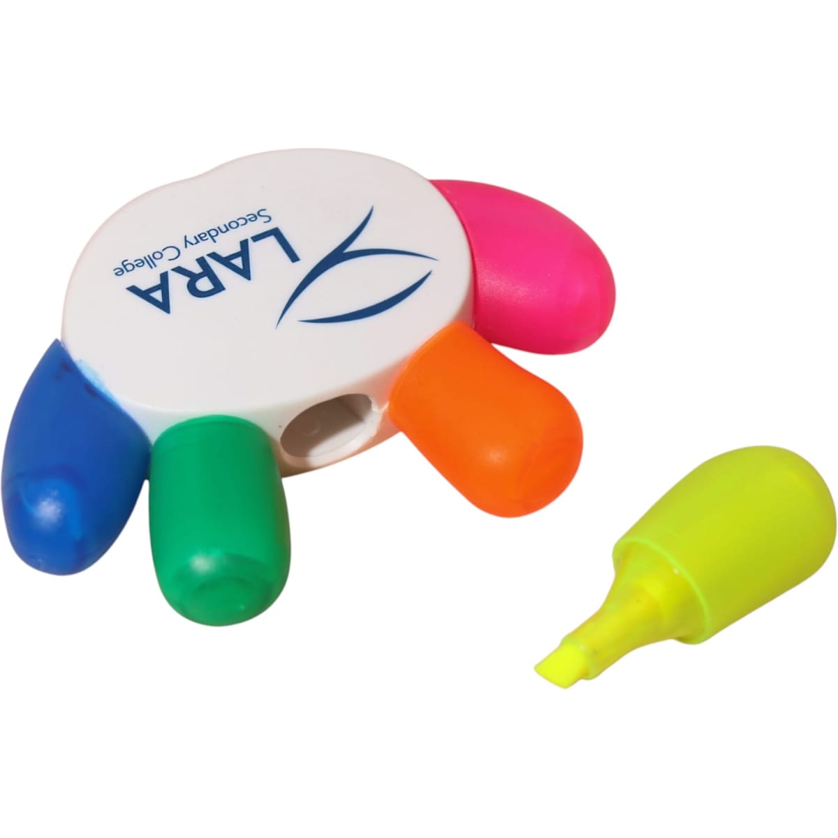 A set of five highlighters in pink, green, blue, orange, and yellow, with a circular white holder featuring a logo.