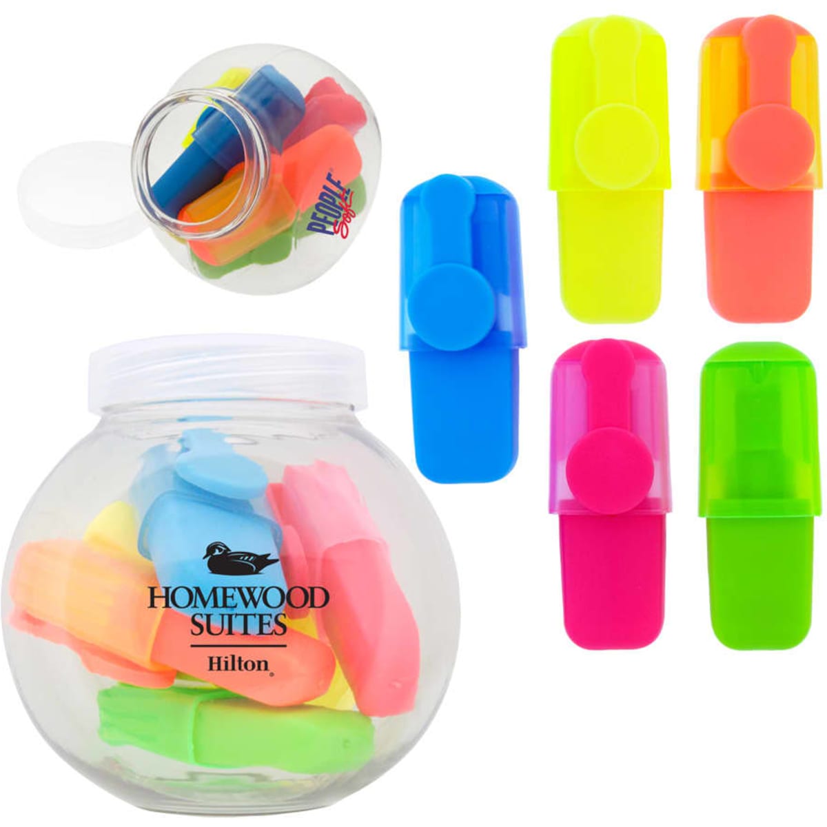 A transparent jug filled with colourful highlighters in pink, yellow, green, and blue, featuring a logo on the side.