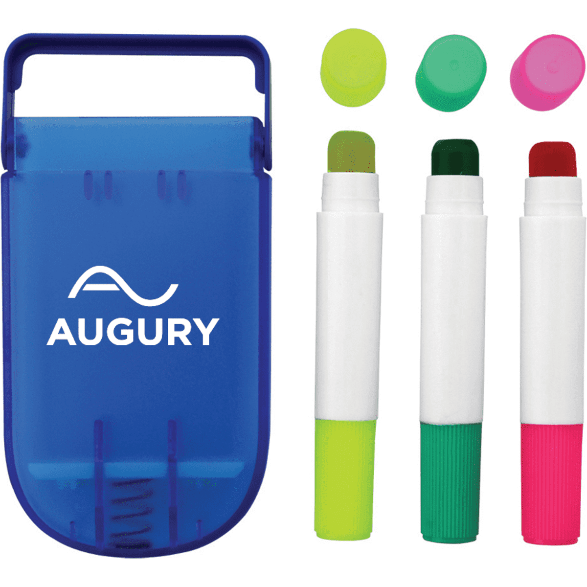 A set of gel highlighters in green, pink, red, and yellow, housed in a blue case with a branding logo.