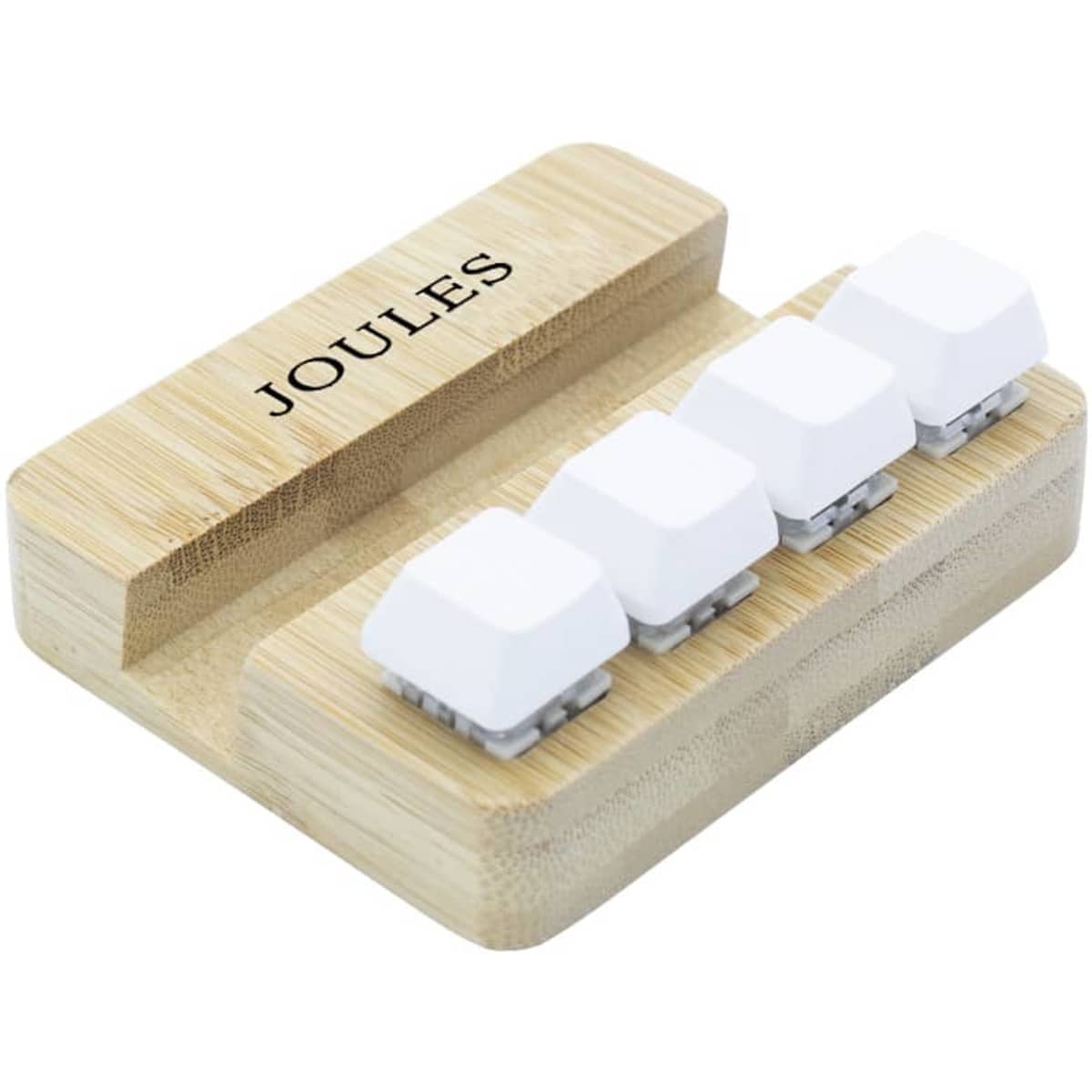 Bamboo stand holder featuring four white key pressing stress relievers. Includes a logo on the side.