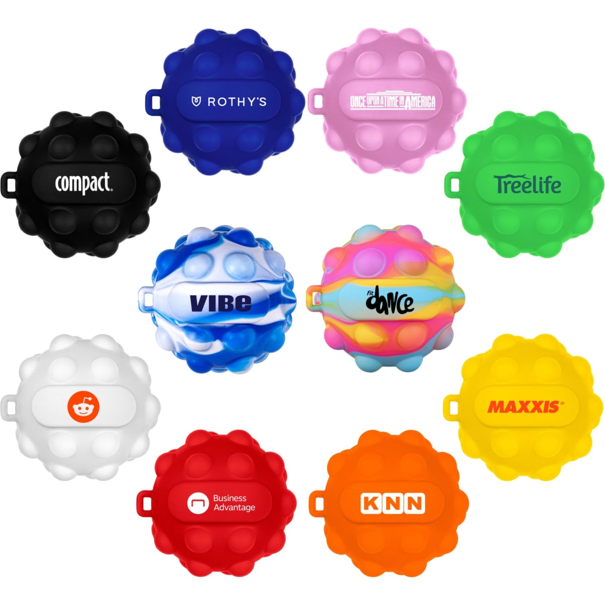 A collection of stress balls in various colours, including black, pink, blue, green, yellow, orange, and white, with logos.
