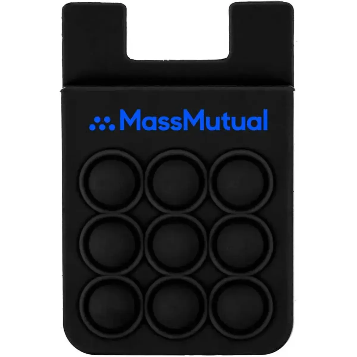 A black silicone phone wallet with nine circular poppers and a logo.