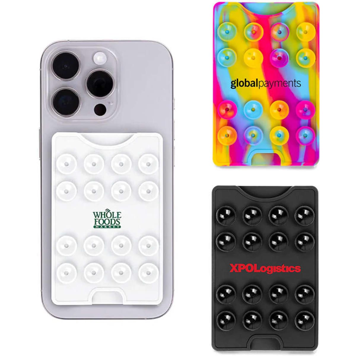 A collection of three suction phone wallets: white, colourful with various colours, and black, all featuring logos.