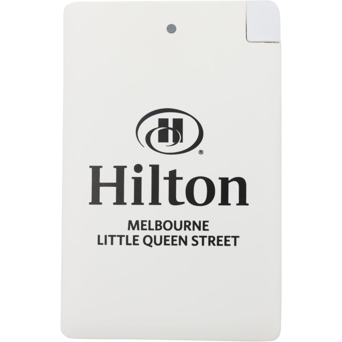 A white power bank with rounded edges and a logo in the centre. It is slim and portable in design.