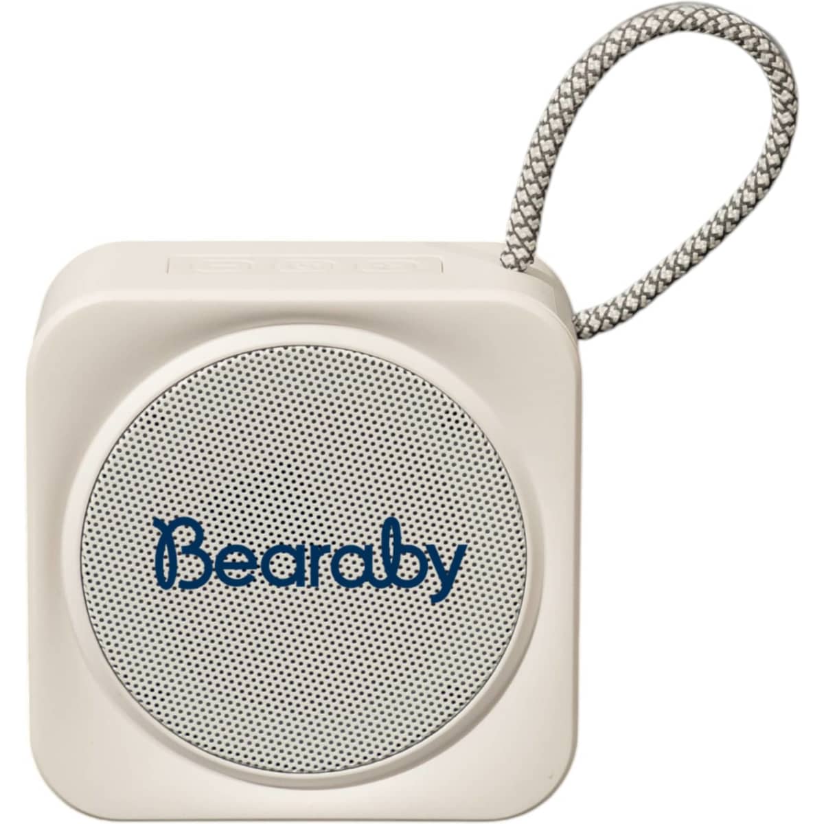 A portable Bluetooth speaker in cream with a looped cord, featuring a gridded speaker grille and logo.