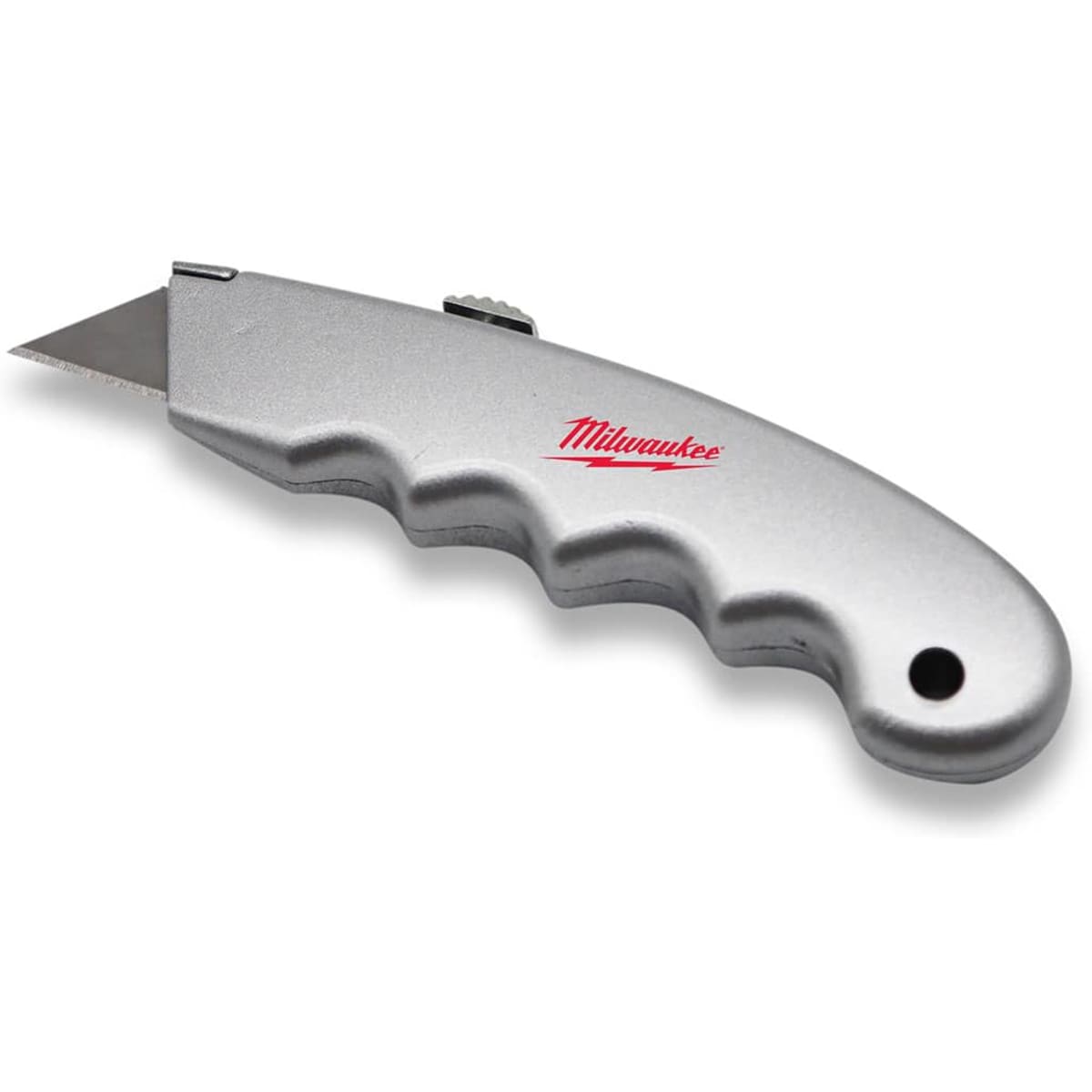 A silver utility knife with a textured handle and a blade. The knife features a logo on its side.