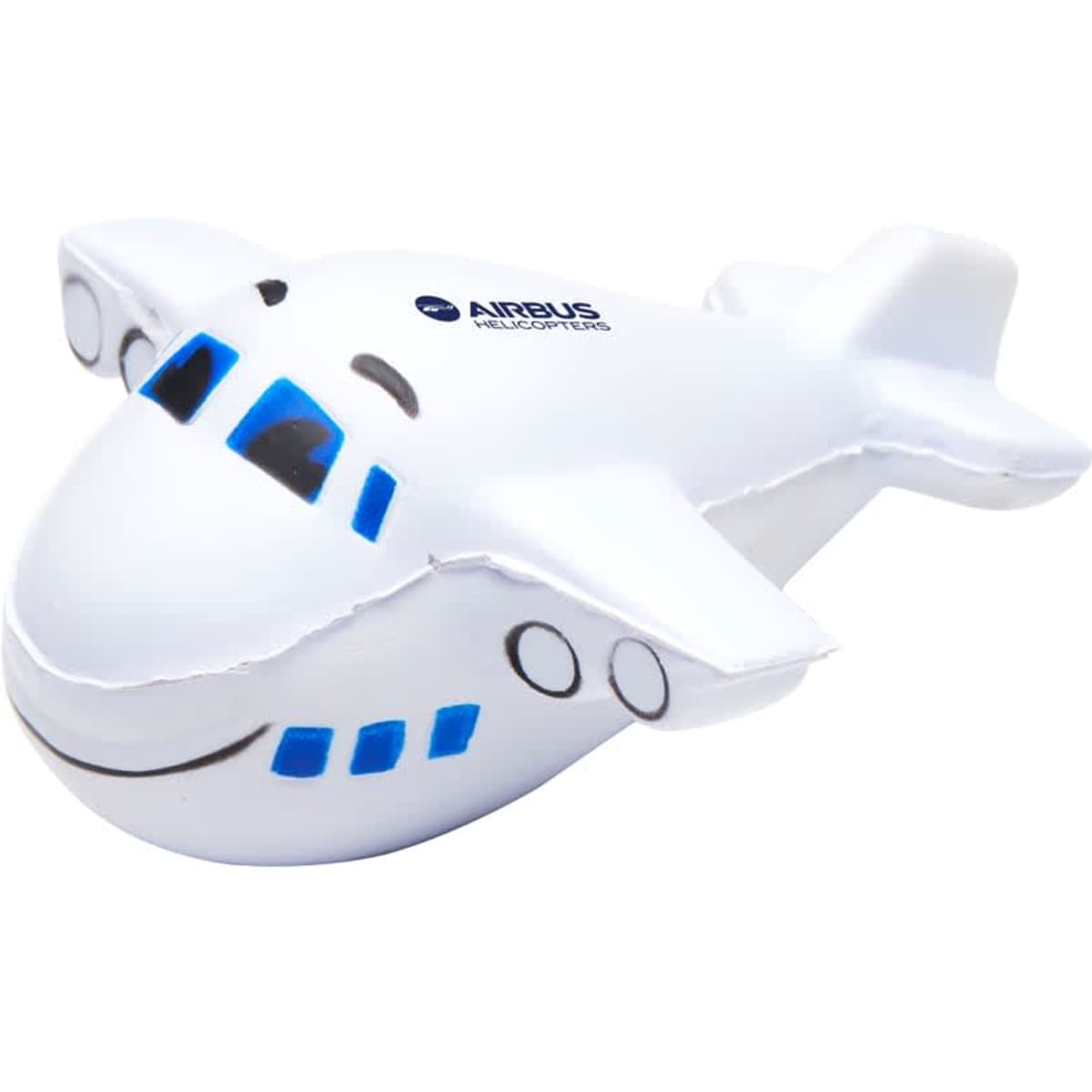 A white stress toy shaped like an airplane, featuring a smiling face and blue details. It has a logo on it.