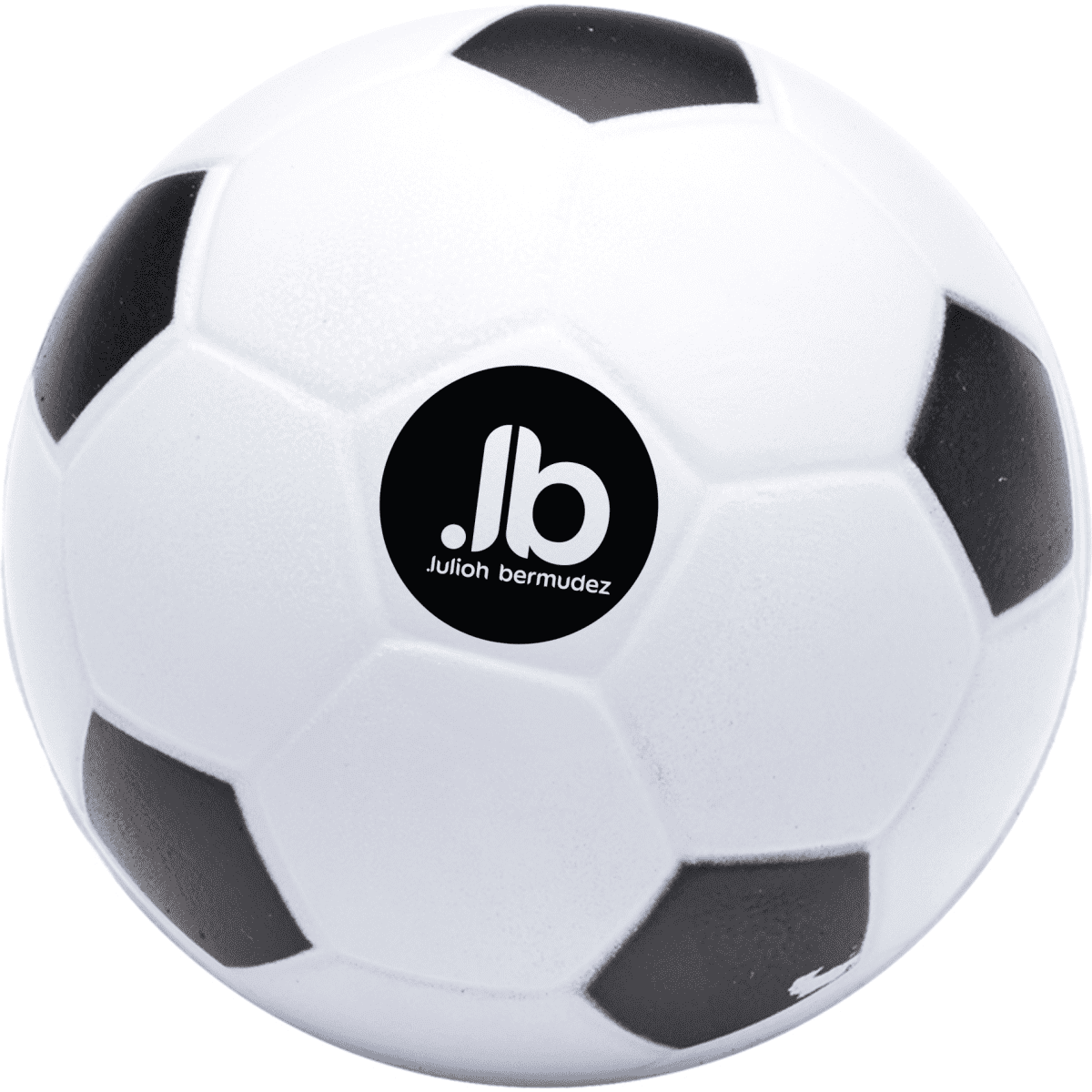 A stress ball shaped like a classic soccer ball, featuring black and white panels and a small logo.