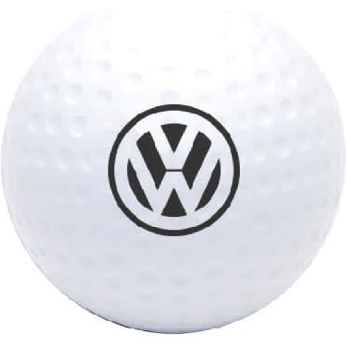 A white stress ball in the shape of a golf ball, featuring a black logo in the centre.