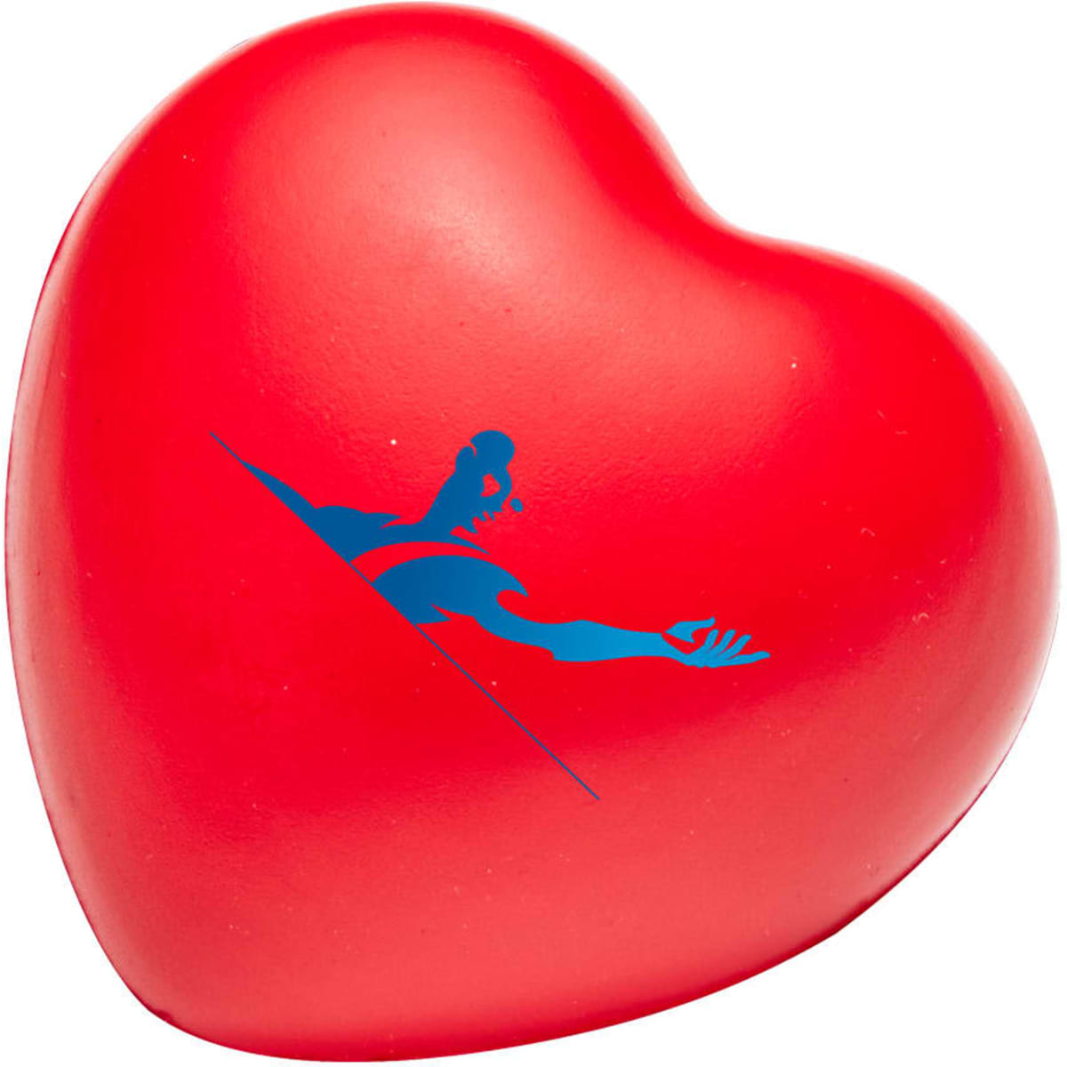 A bright red heart-shaped stress ball featuring a blue logo design.