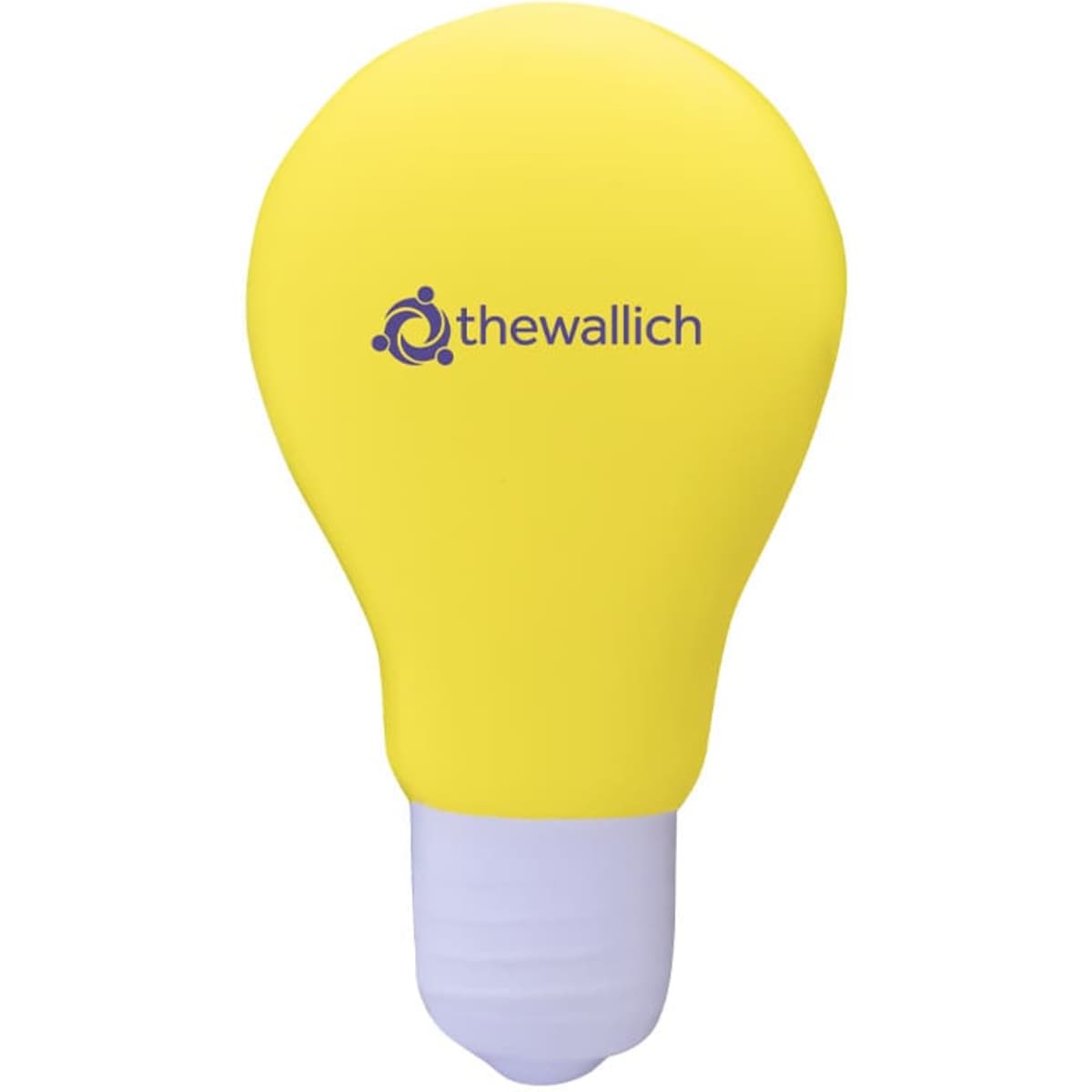A yellow stress toy shaped like a light bulb, featuring a logo on its surface.