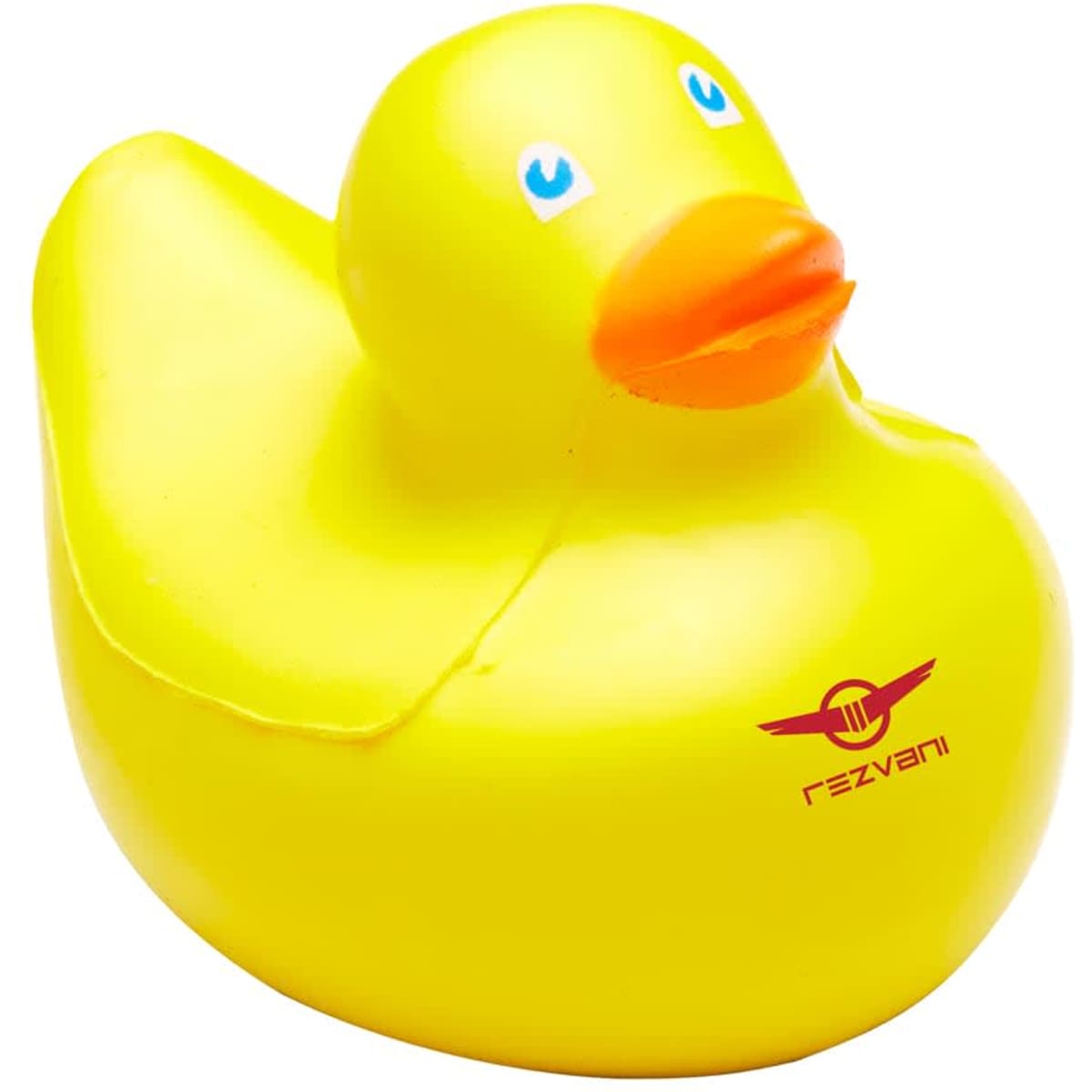 A bright yellow rubber duck with an orange beak and a logo on the side, designed as a stress-relief toy.