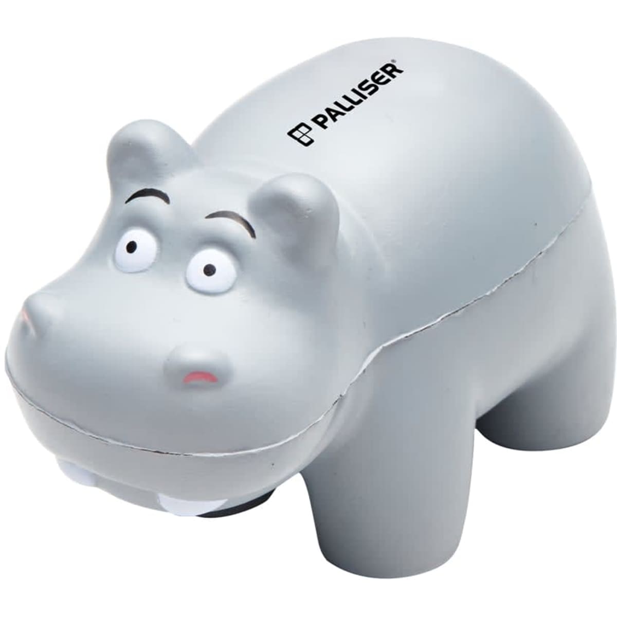 A grey hippo stress toy with large eyes and white teeth, featuring a logo on top.