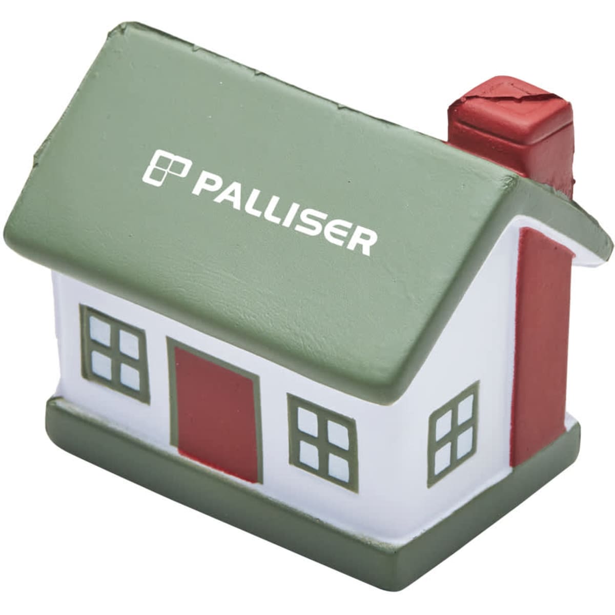 A stress toy shaped like a house, featuring a green roof, red door, and a logo on the front.