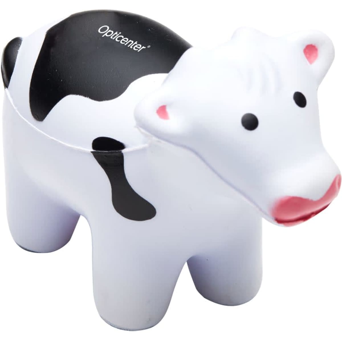 A white and black cow-shaped stress toy, featuring a smiling face and a smooth surface. It has a logo on one side.