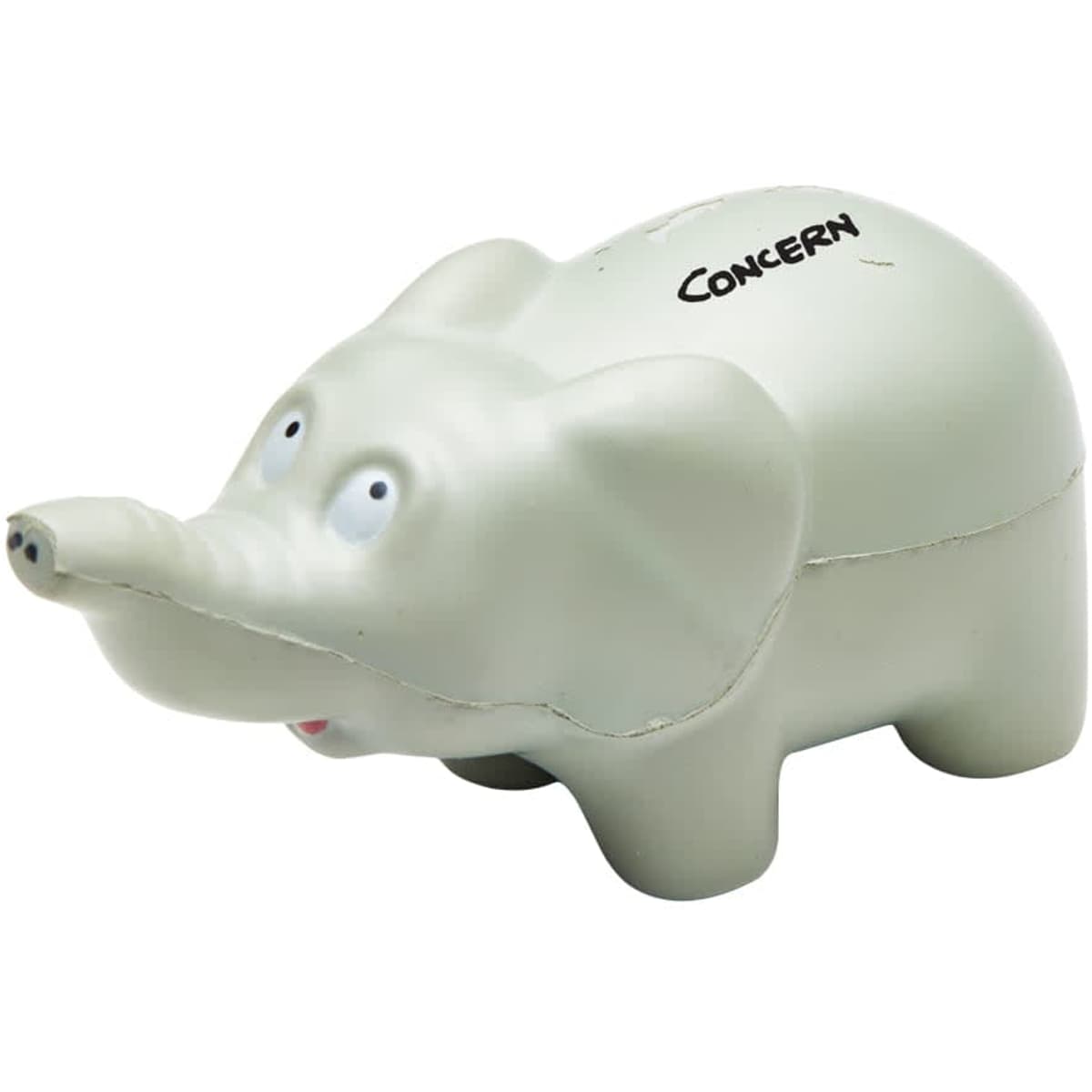 A light grey squeeze toy elephant with a surprised expression and a small trunk. It features a logo on its surface.