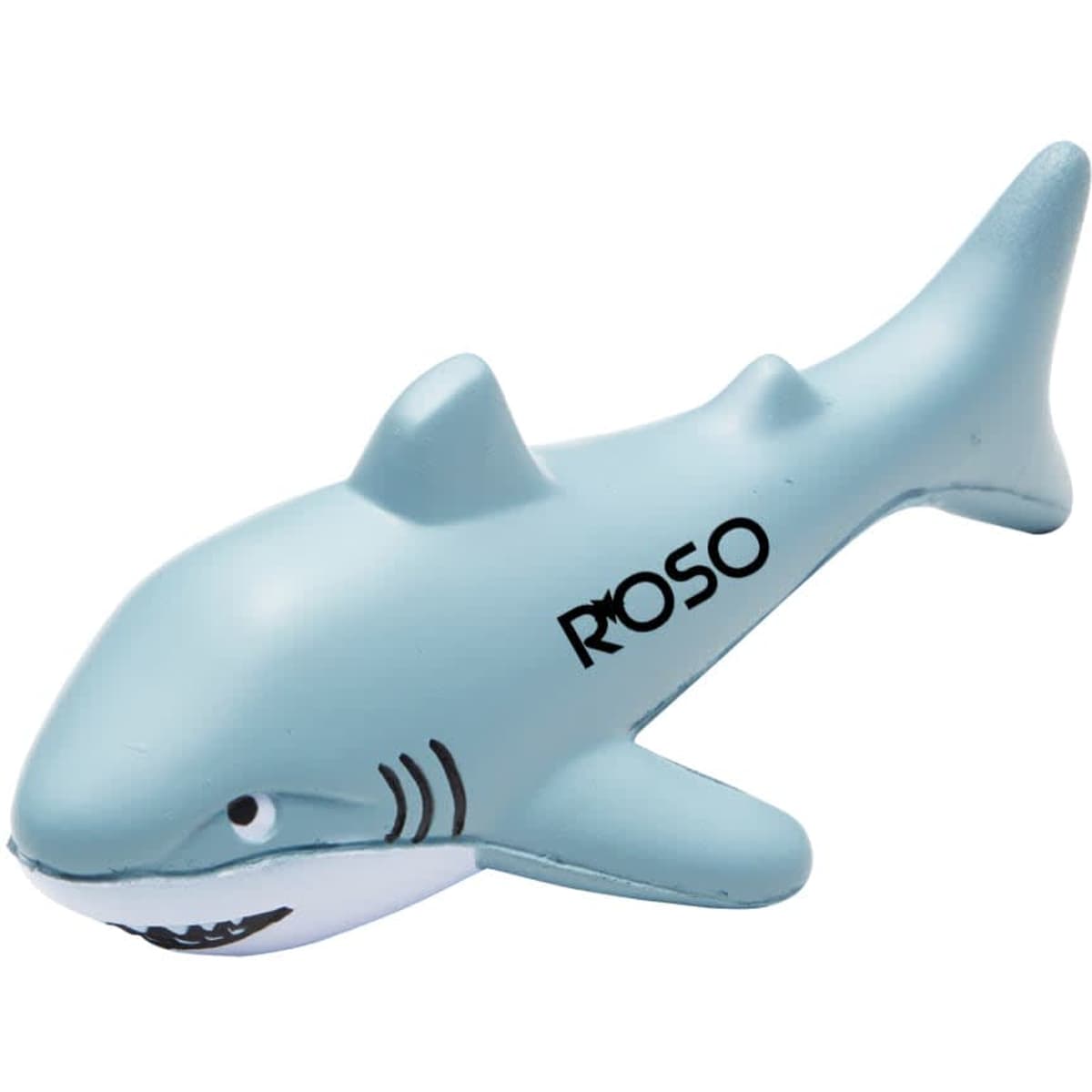 A blue squeeze toy shaped like a shark, featuring a branding logo on one side.
