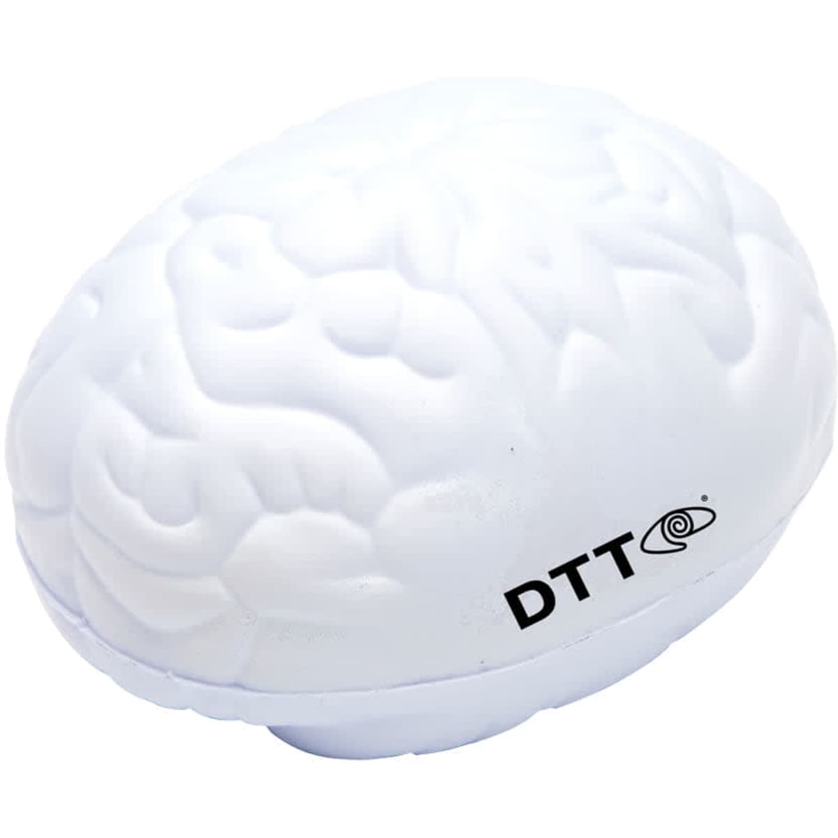 A white, stress-relief toy shaped like a brain, with a small logo on one side.