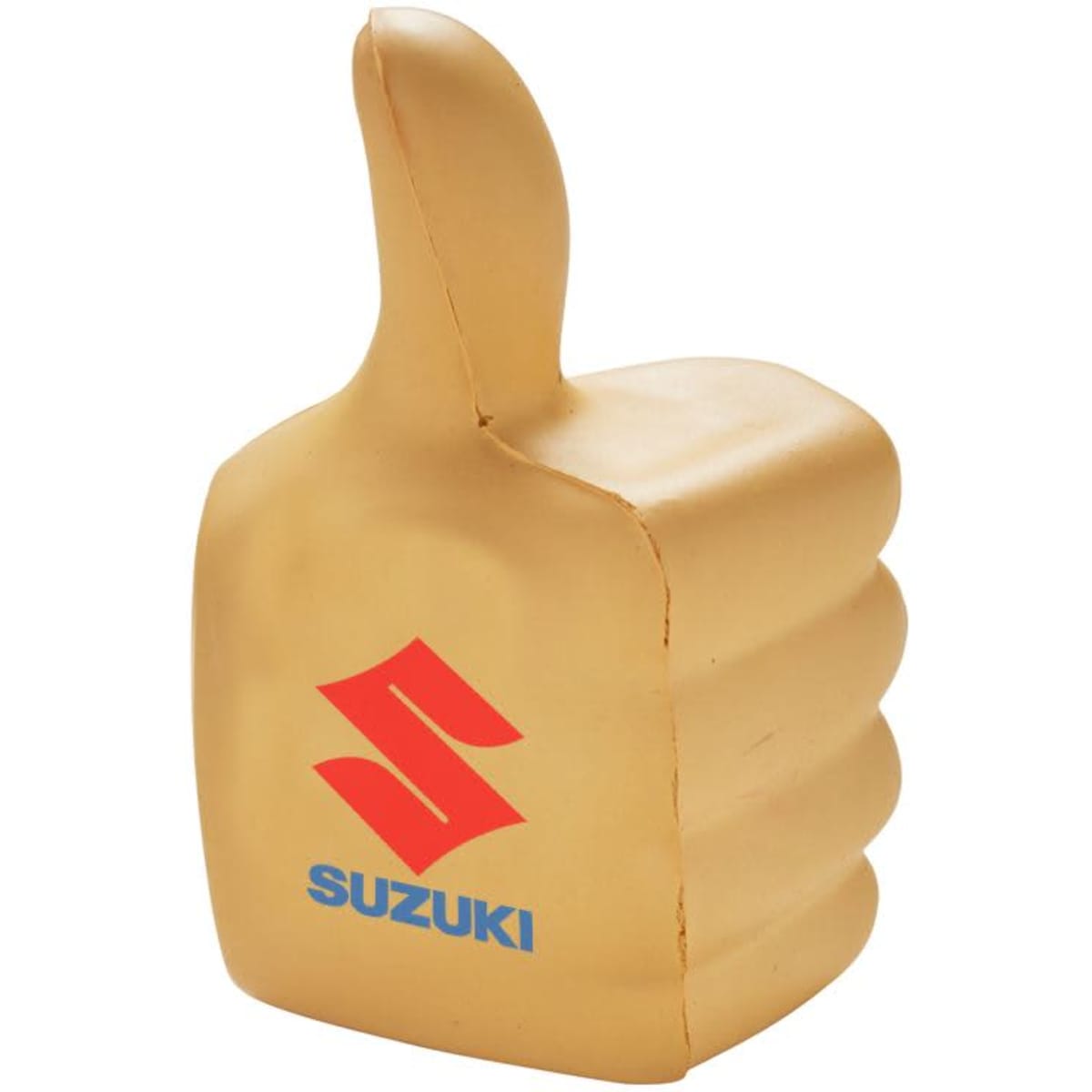 A golden thumbs-up novelty item with a logo on it, designed for fun and games.