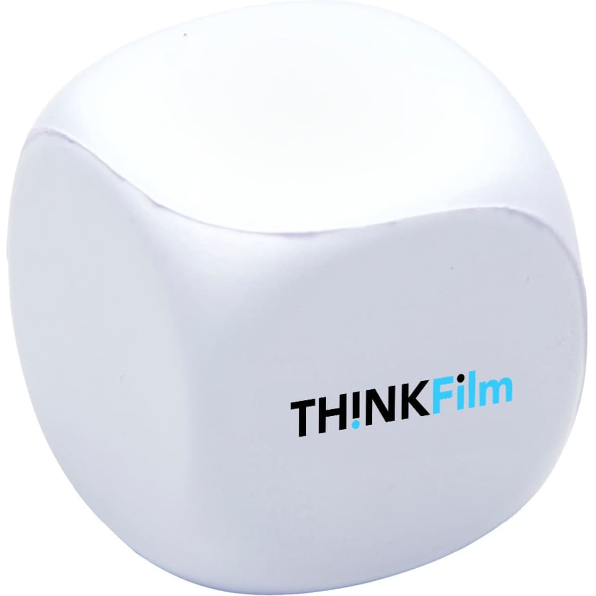 A white, squishy cube with rounded edges featuring a logo on one side.