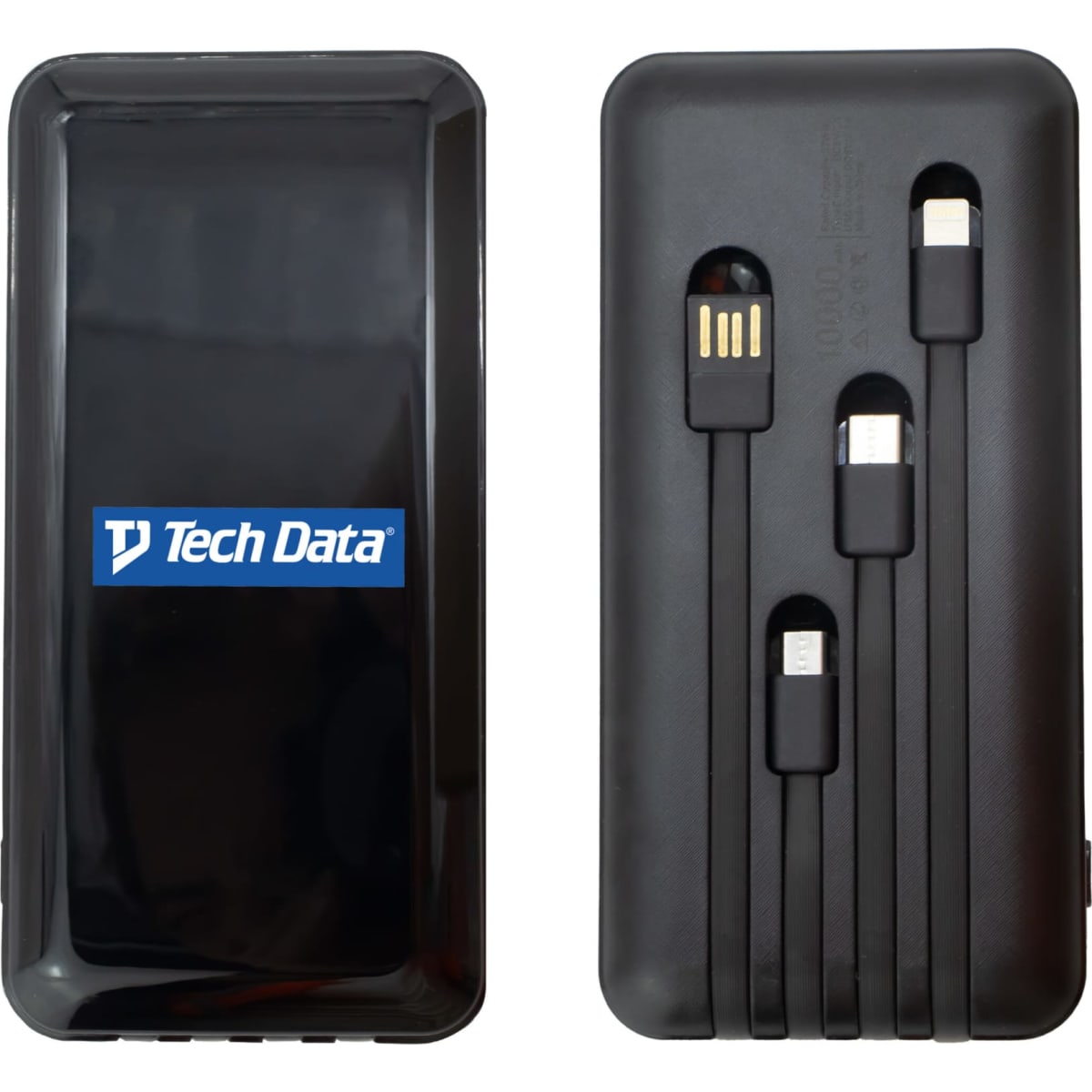 A black power bank with built-in charging cables for multiple devices and a logo on the front.
