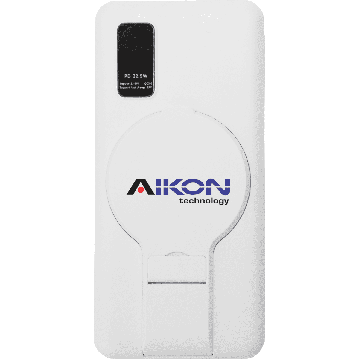 A white power bank with a circular pop-out stand and a logo, featuring a sleek, compact design.